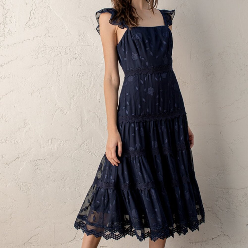 Lulus My Final Rose Navy Blue Floral Jacquard Tiered Midi Dress - Size XL